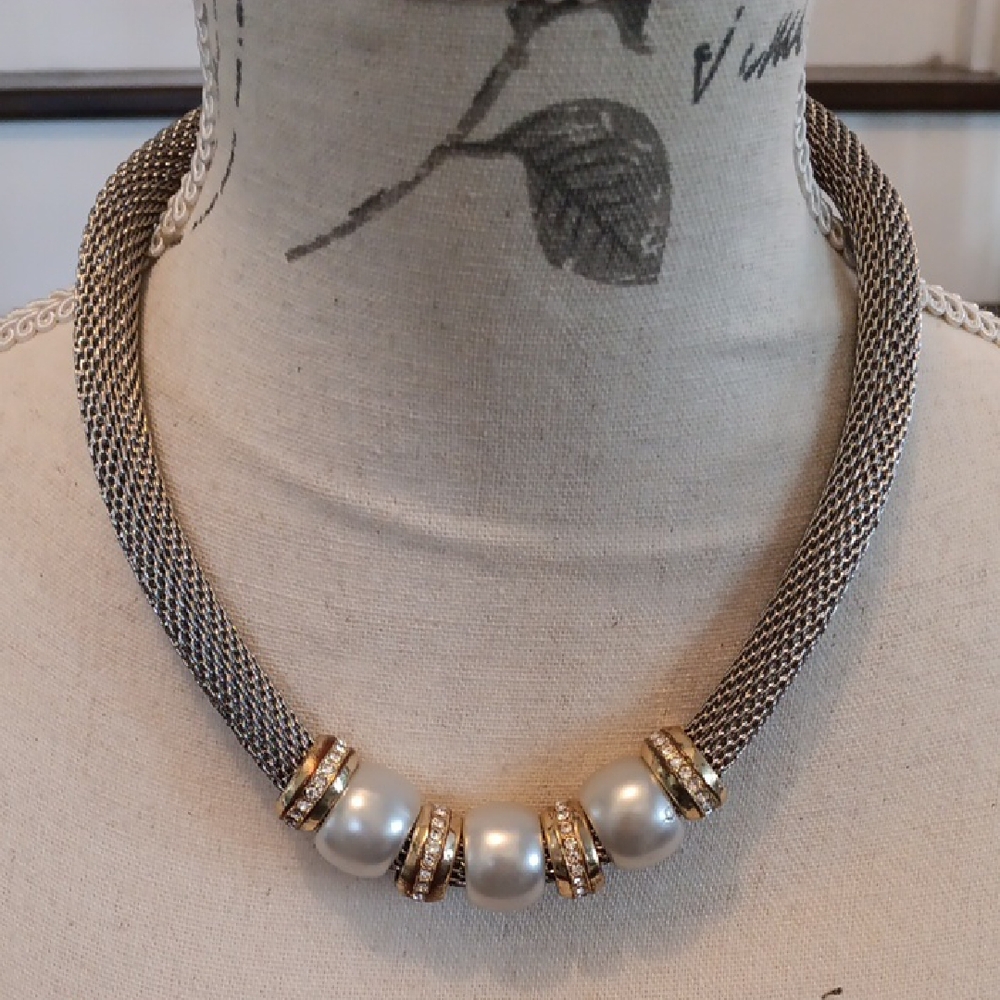 # Silver Mesh w/ Gold, Crystal & Pearl Statement Necklace